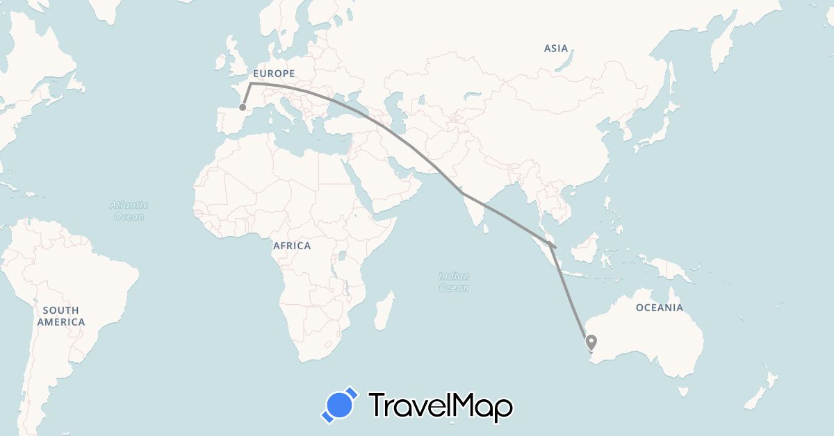 TravelMap itinerary: driving, plane in Australia, France, India, Malaysia, Singapore (Asia, Europe, Oceania)